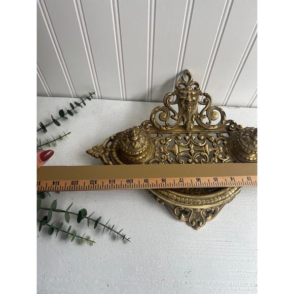 Vintage Ornate Brass Double Inkwell | Victorian-Inspired Desk Accessory - Picture 2 of 9